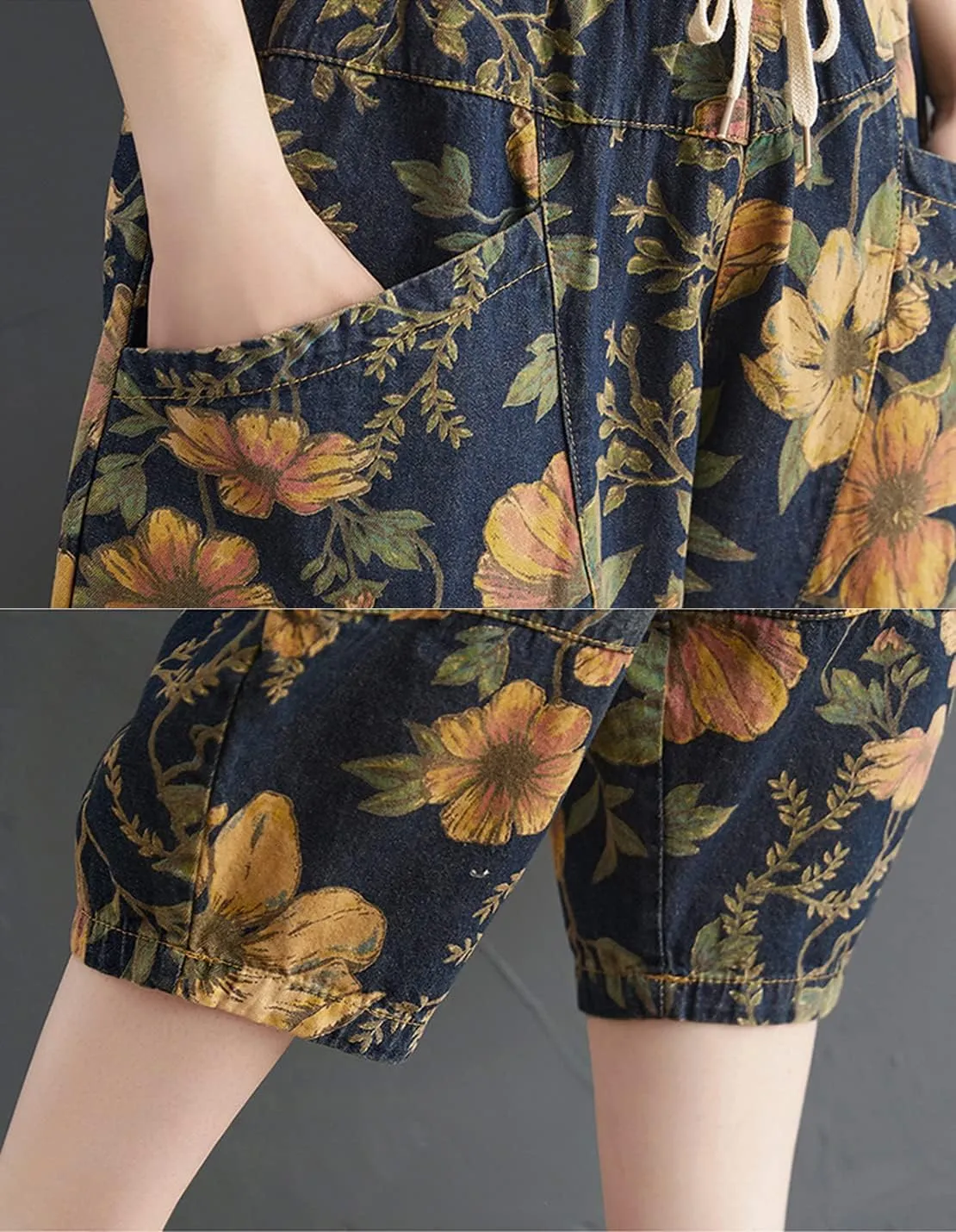 Women's Casual Denim Jeans Print Drawstring Elastic Waist Cotton Loose Splicing Harem Pants