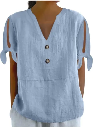 Women's Cotton Linen Shirt Fashion Belted Short Sleeve Tops Summer Loose Button Blouses Beach Vacation Clothes 2025