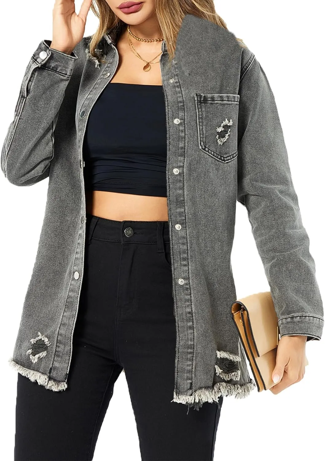 Women's Denim Jacket Casual Long Sleeve Denim Shirts Distressed Jean Jacket 2025 Spring Outfits