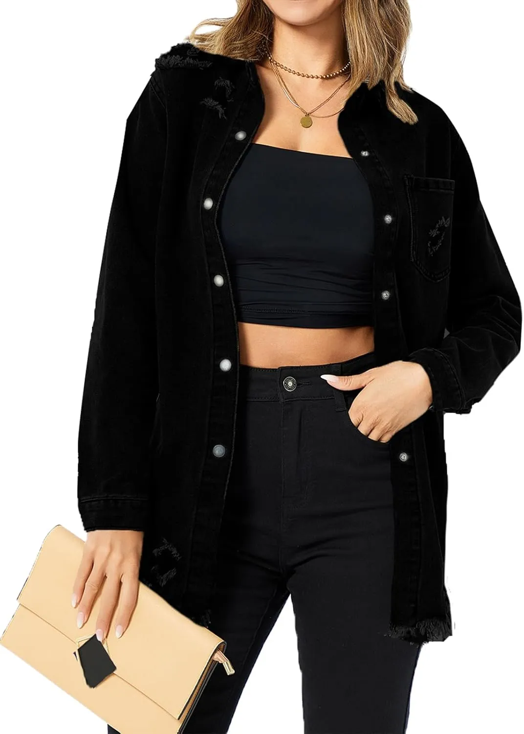 Women's Denim Jacket Casual Long Sleeve Denim Shirts Distressed Jean Jacket 2025 Spring Outfits