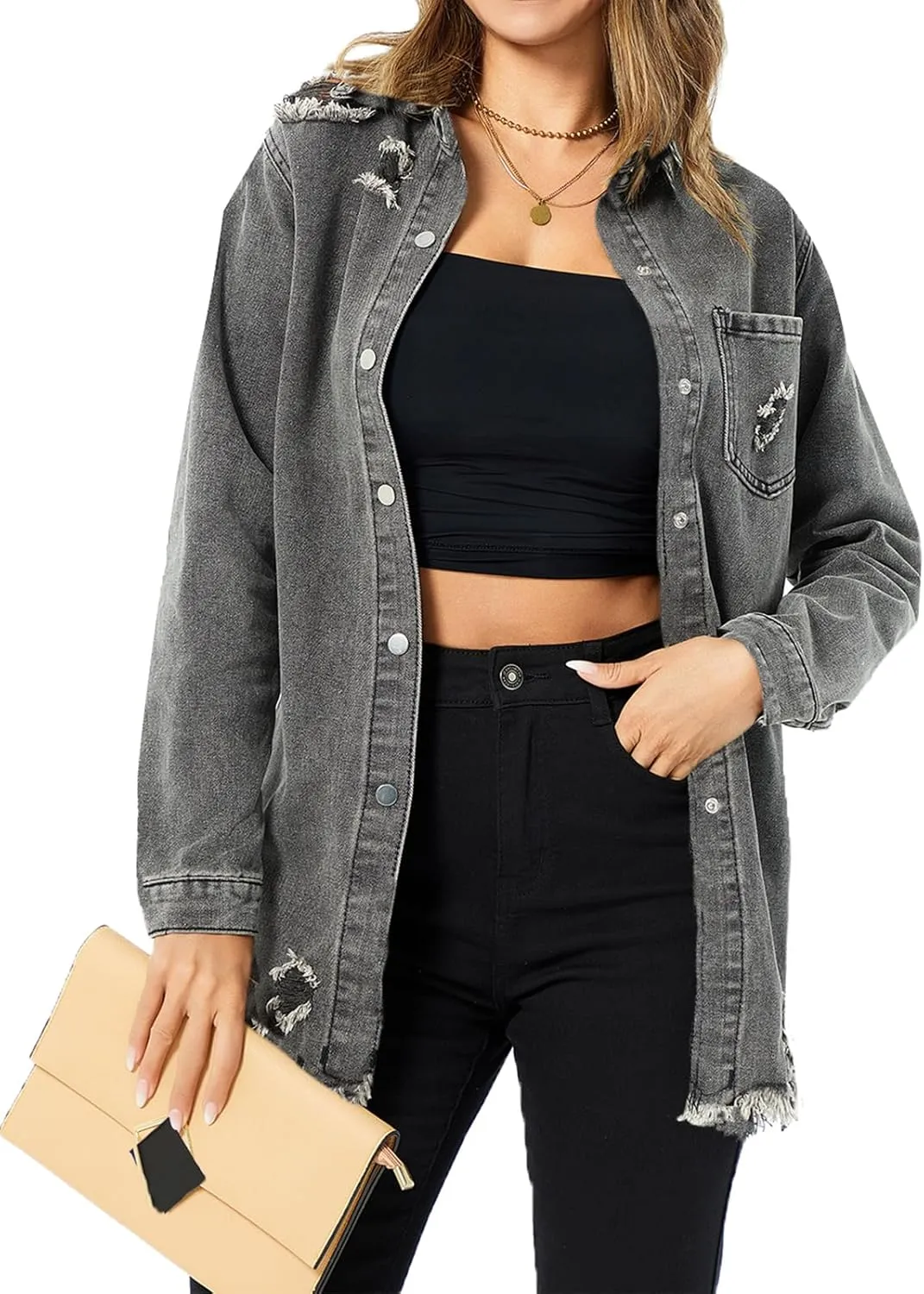 Women's Denim Jacket Casual Long Sleeve Denim Shirts Distressed Jean Jacket 2025 Spring Outfits