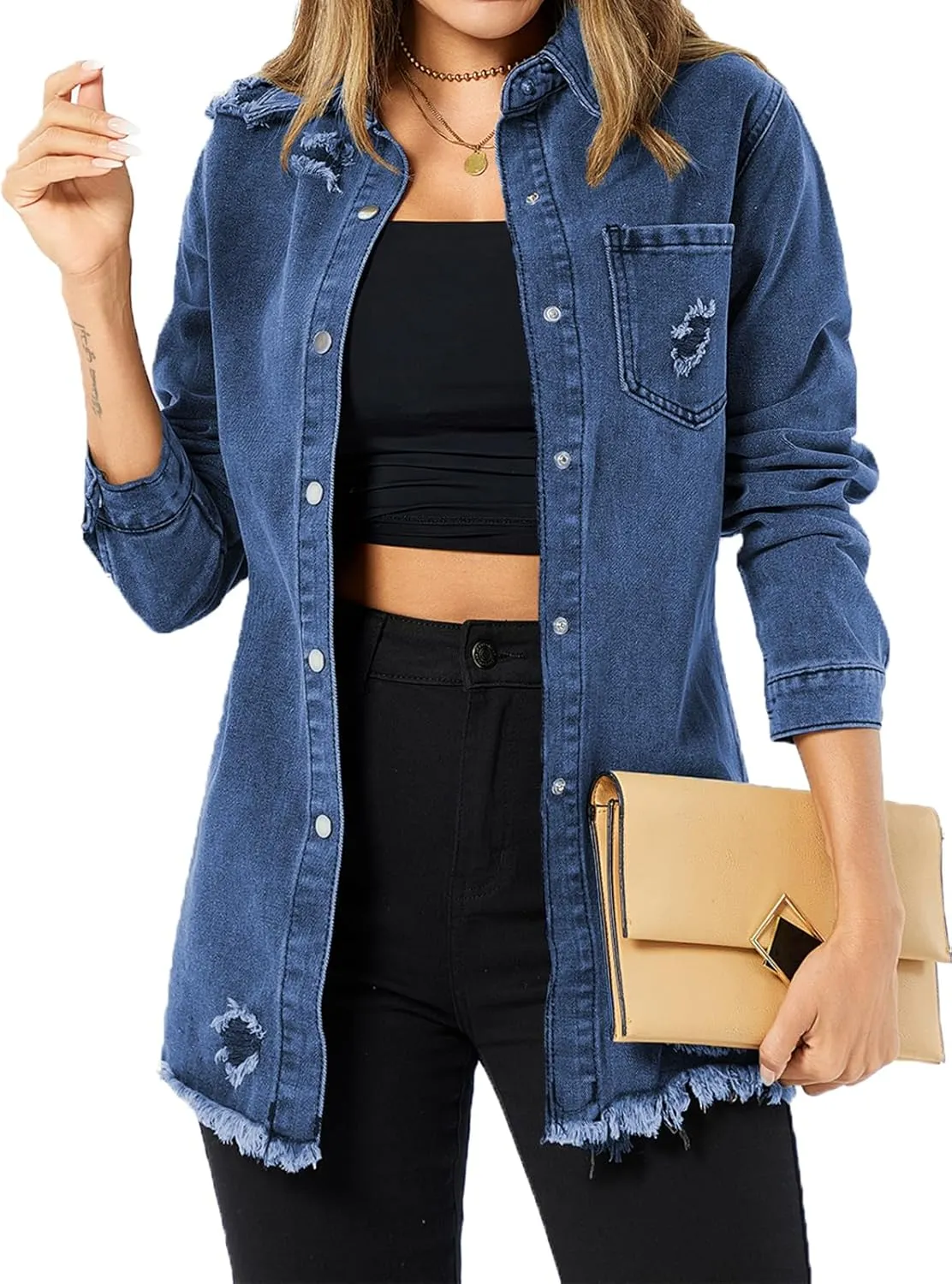 Women's Denim Jacket Casual Long Sleeve Denim Shirts Distressed Jean Jacket 2025 Spring Outfits