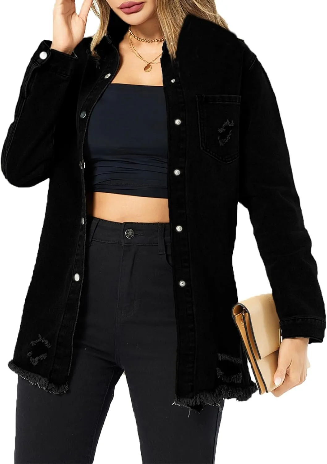 Women's Denim Jacket Casual Long Sleeve Denim Shirts Distressed Jean Jacket 2025 Spring Outfits