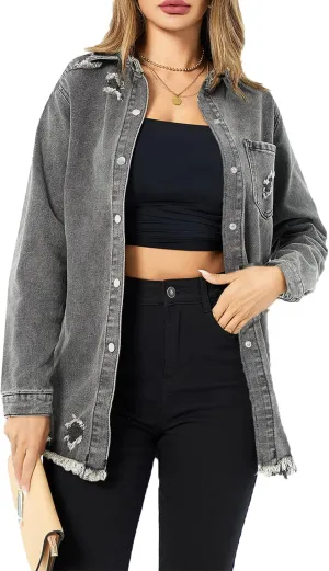 Women's Denim Jacket Casual Long Sleeve Denim Shirts Distressed Jean Jacket 2025 Spring Outfits