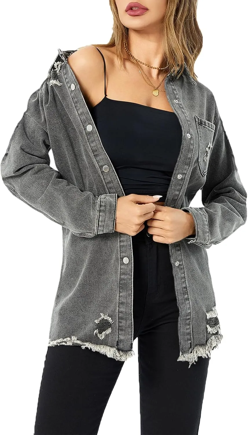 Women's Denim Jacket Casual Long Sleeve Denim Shirts Distressed Jean Jacket 2025 Spring Outfits
