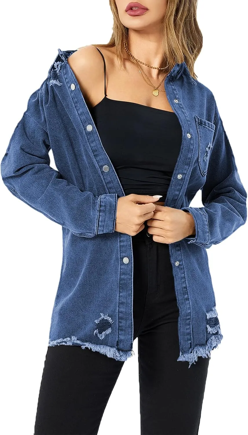 Women's Denim Jacket Casual Long Sleeve Denim Shirts Distressed Jean Jacket 2025 Spring Outfits