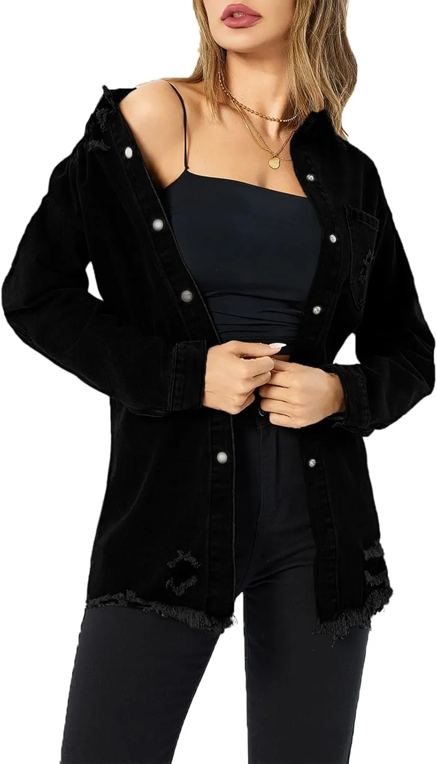 Women's Denim Jacket Casual Long Sleeve Denim Shirts Distressed Jean Jacket 2025 Spring Outfits