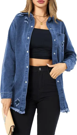 Women's Denim Jacket Casual Long Sleeve Denim Shirts Distressed Jean Jacket 2025 Spring Outfits