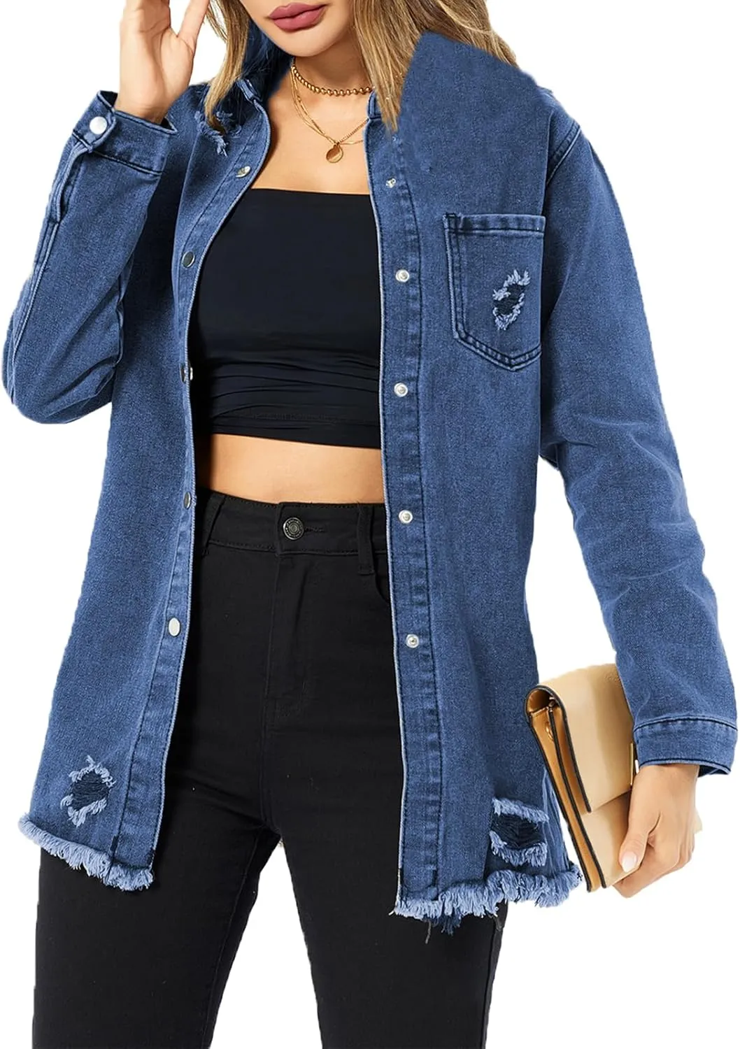 Women's Denim Jacket Casual Long Sleeve Denim Shirts Distressed Jean Jacket 2025 Spring Outfits