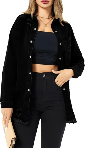 Women's Denim Jacket Casual Long Sleeve Denim Shirts Distressed Jean Jacket 2025 Spring Outfits