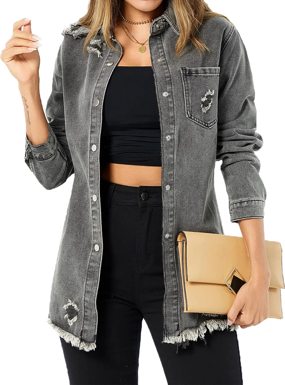 Women's Denim Jacket Casual Long Sleeve Denim Shirts Distressed Jean Jacket 2025 Spring Outfits