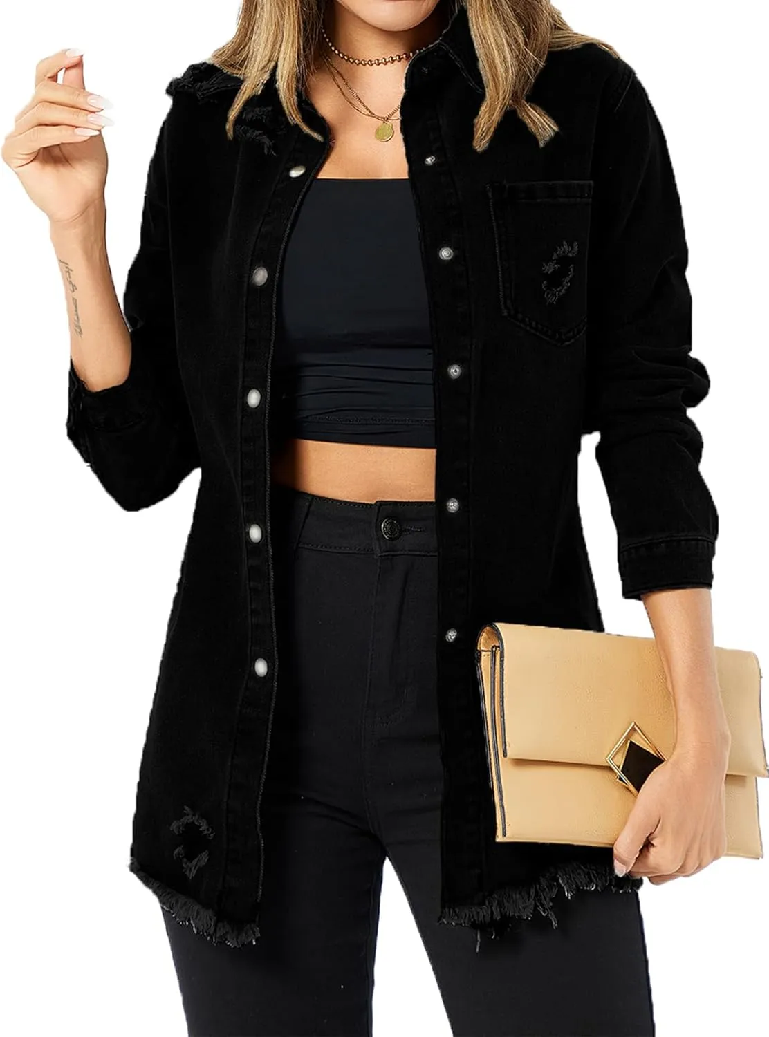 Women's Denim Jacket Casual Long Sleeve Denim Shirts Distressed Jean Jacket 2025 Spring Outfits