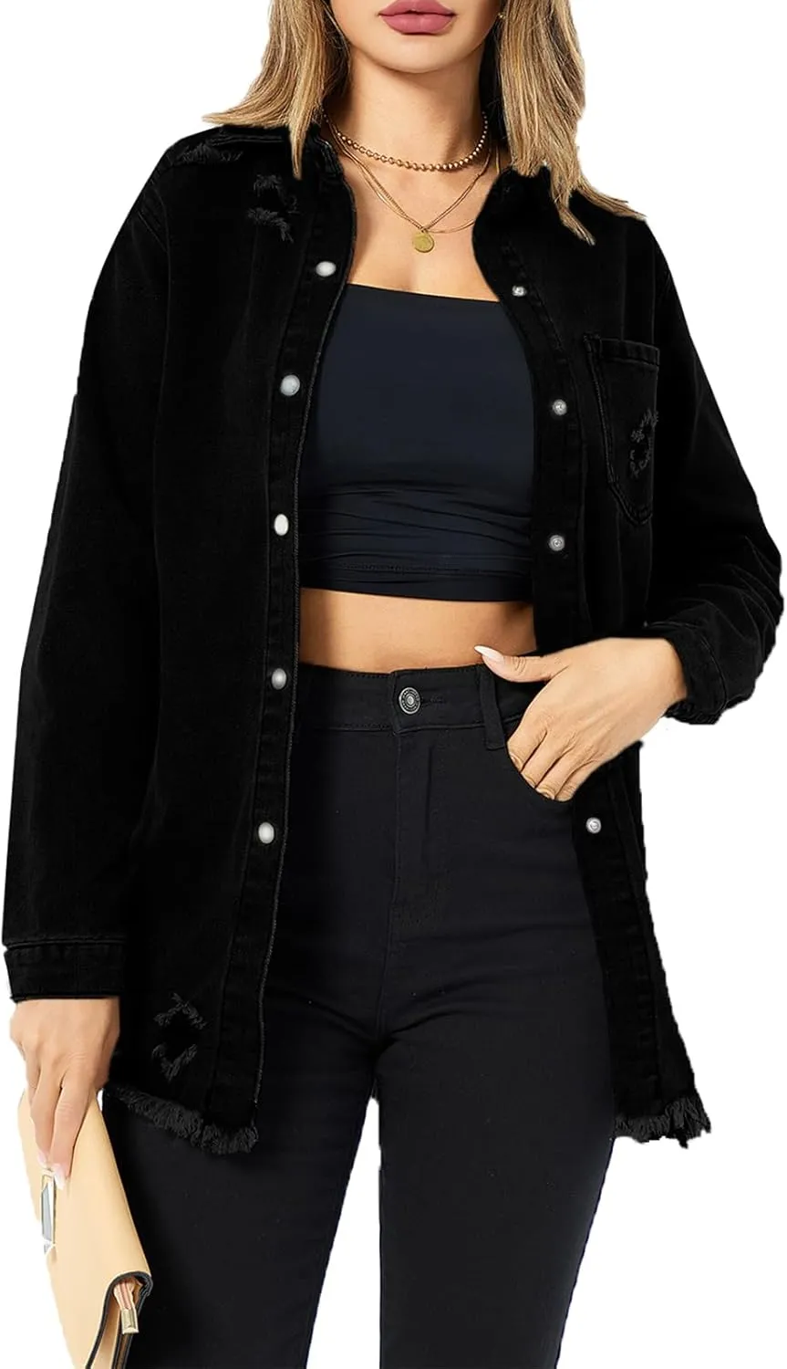 Women's Denim Jacket Casual Long Sleeve Denim Shirts Distressed Jean Jacket 2025 Spring Outfits