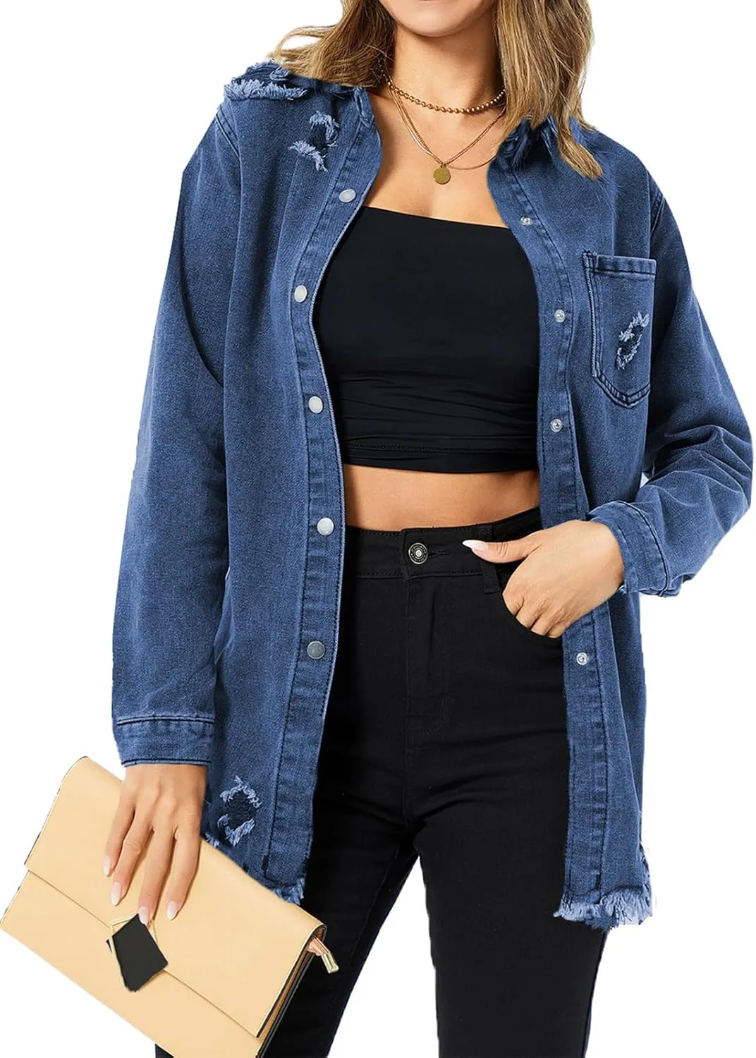 Women's Denim Jacket Casual Long Sleeve Denim Shirts Distressed Jean Jacket 2025 Spring Outfits