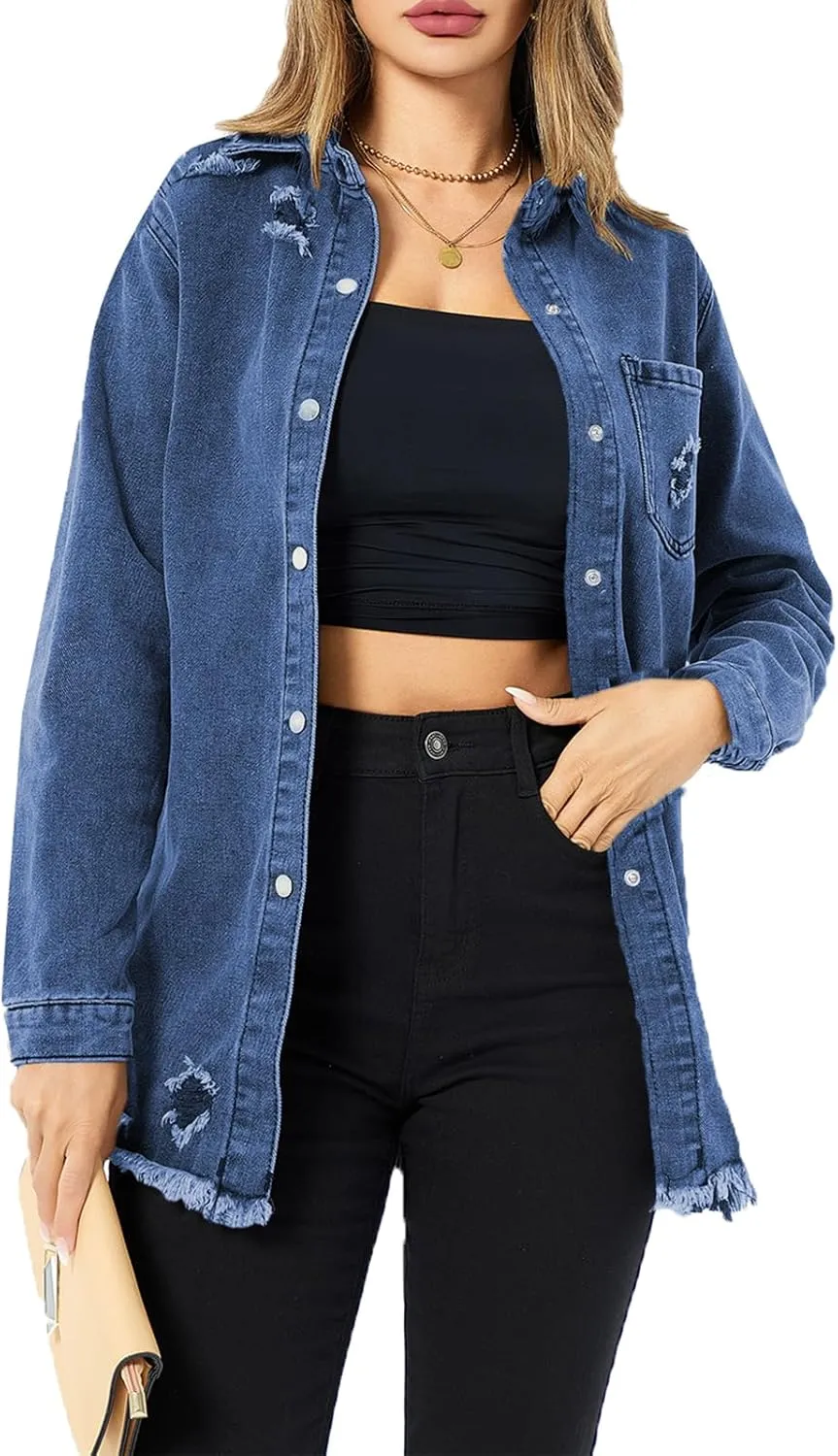 Women's Denim Jacket Casual Long Sleeve Denim Shirts Distressed Jean Jacket 2025 Spring Outfits
