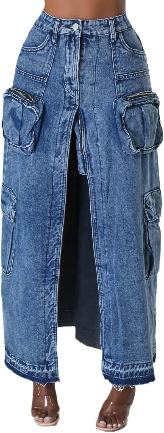 Women's Denim Skirt Split Long Cargo Jean Skirts Multi Pockets High Waist Y2K Maxi Jean Skirts