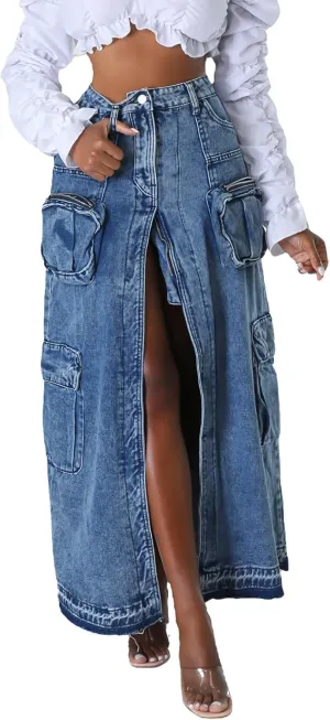 Women's Denim Skirt Split Long Cargo Jean Skirts Multi Pockets High Waist Y2K Maxi Jean Skirts