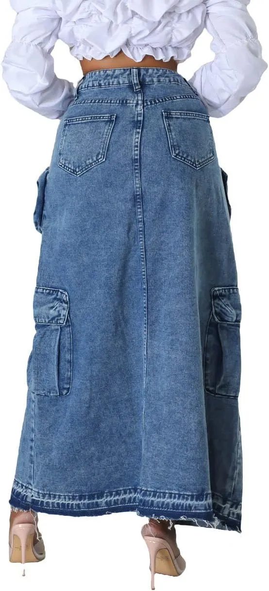 Women's Denim Skirt Split Long Cargo Jean Skirts Multi Pockets High Waist Y2K Maxi Jean Skirts