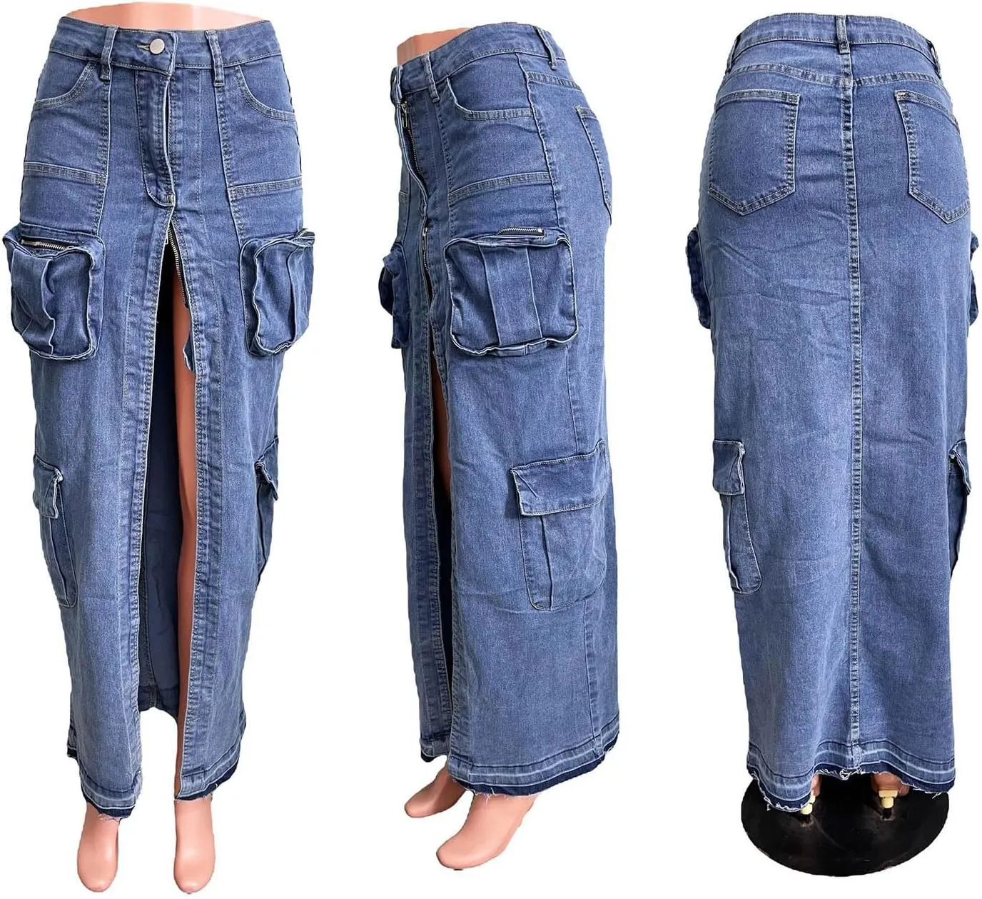 Women's Denim Skirt Split Long Cargo Jean Skirts Multi Pockets High Waist Y2K Maxi Jean Skirts