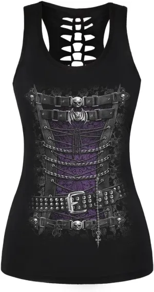 Womens Hollow Out Skull Print Workout Yoga Tank Tops Halloween Shirt