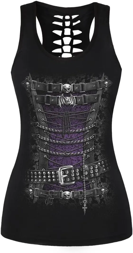 Womens Hollow Out Skull Print Workout Yoga Tank Tops Halloween Shirt