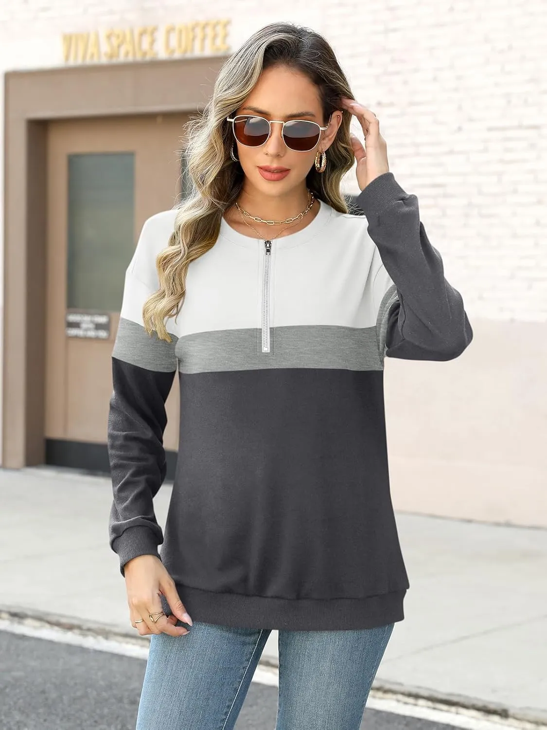 Womens Long Sleeve Shirts Half Zip Sweatshirts Quarter Zipper Fall Tops Pullover