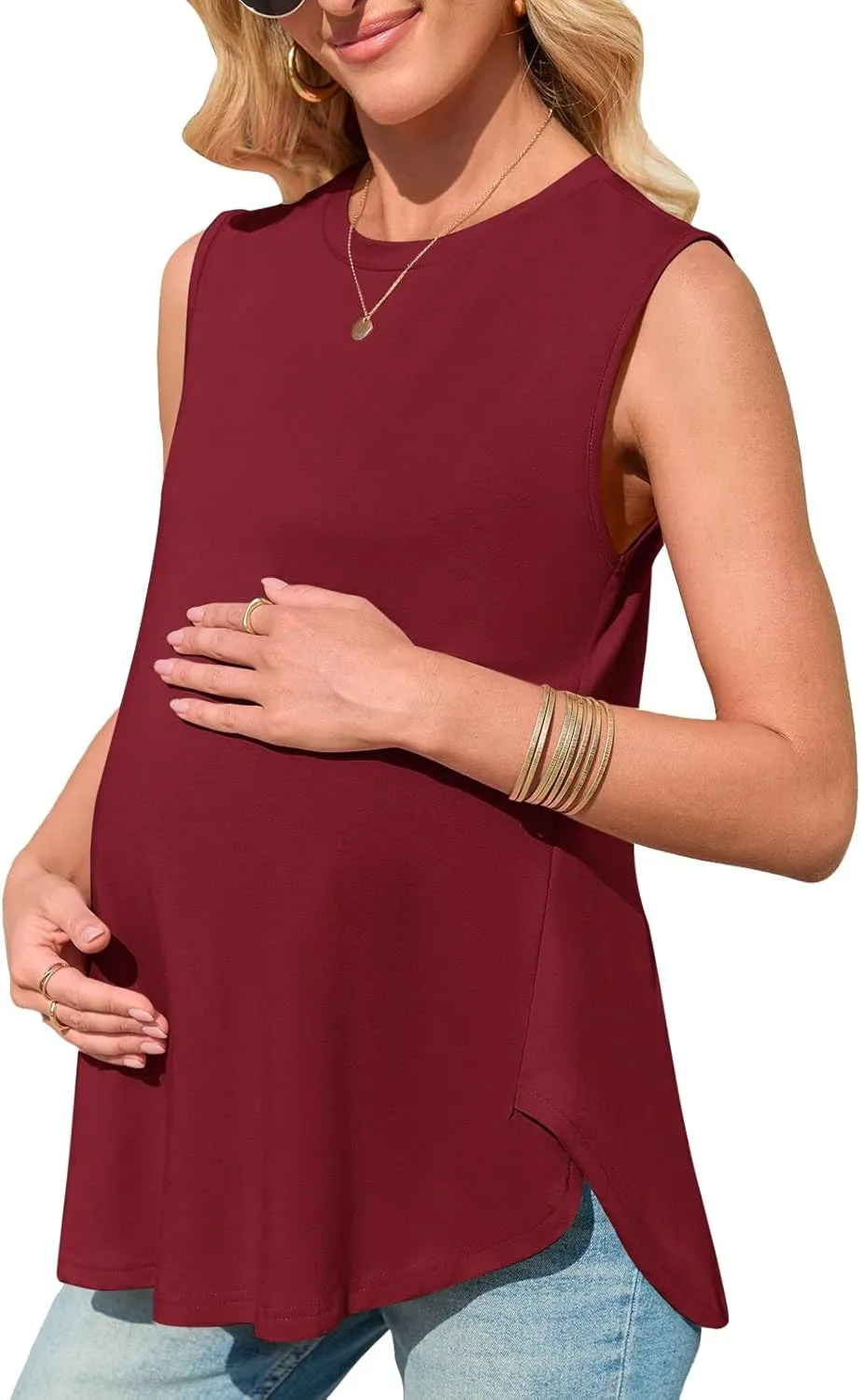 Women's Maternity Tank Top Summer Sleeveless Crewneck Pregnancy Shirts Side Split Maternity Clothes