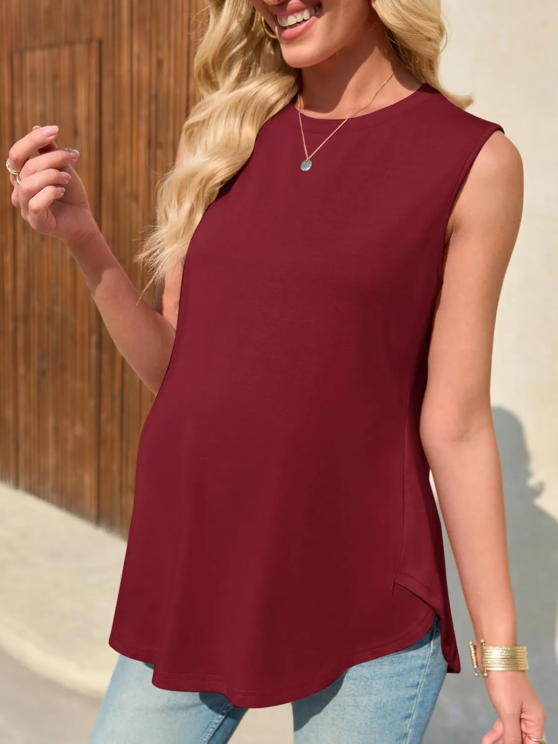 Women's Maternity Tank Top Summer Sleeveless Crewneck Pregnancy Shirts Side Split Maternity Clothes