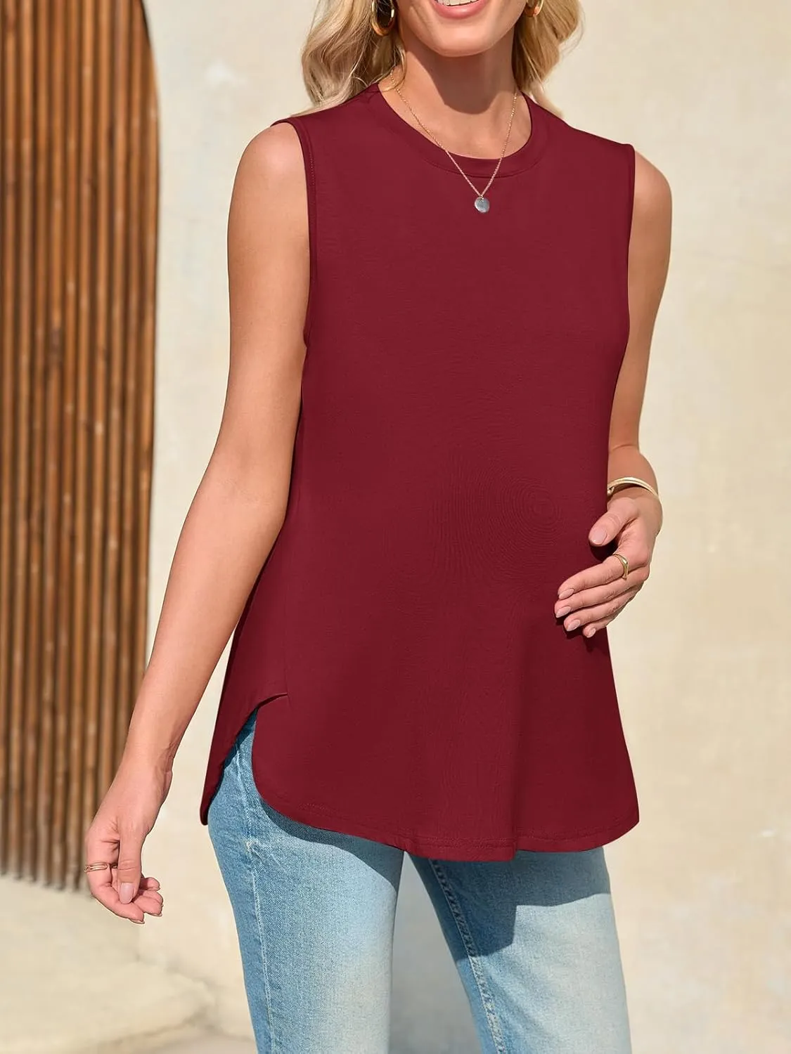 Women's Maternity Tank Top Summer Sleeveless Crewneck Pregnancy Shirts Side Split Maternity Clothes