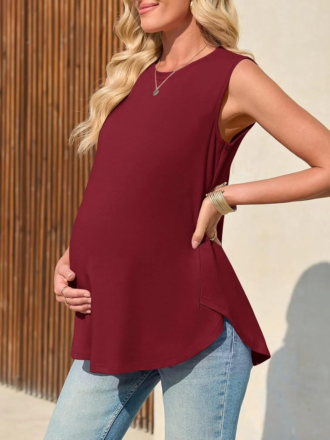 Women's Maternity Tank Top Summer Sleeveless Crewneck Pregnancy Shirts Side Split Maternity Clothes