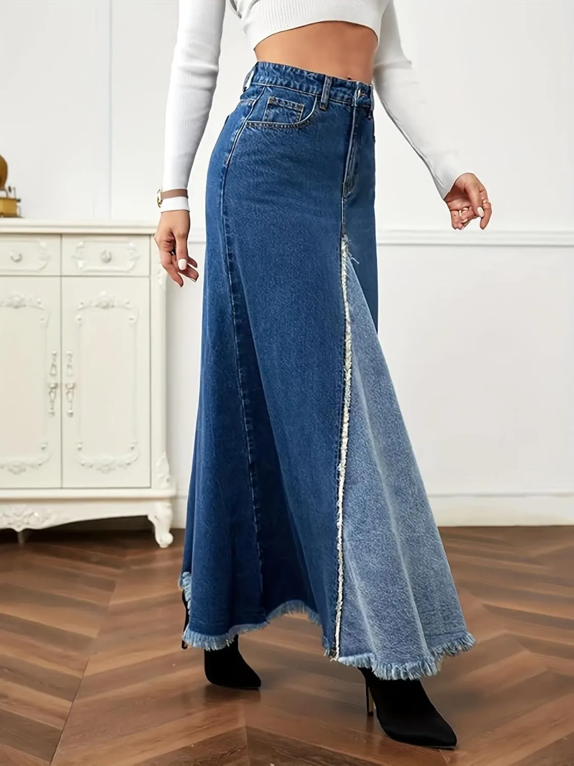 Women's Patchwork Maxi Long Denim Skirt High Waist Raw Edge Distressed A-Line Long Jean Skirts