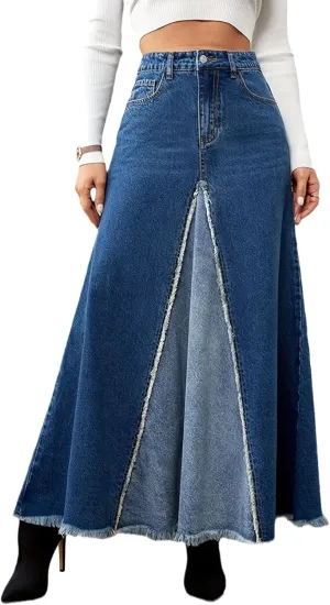 Women's Patchwork Maxi Long Denim Skirt High Waist Raw Edge Distressed A-Line Long Jean Skirts