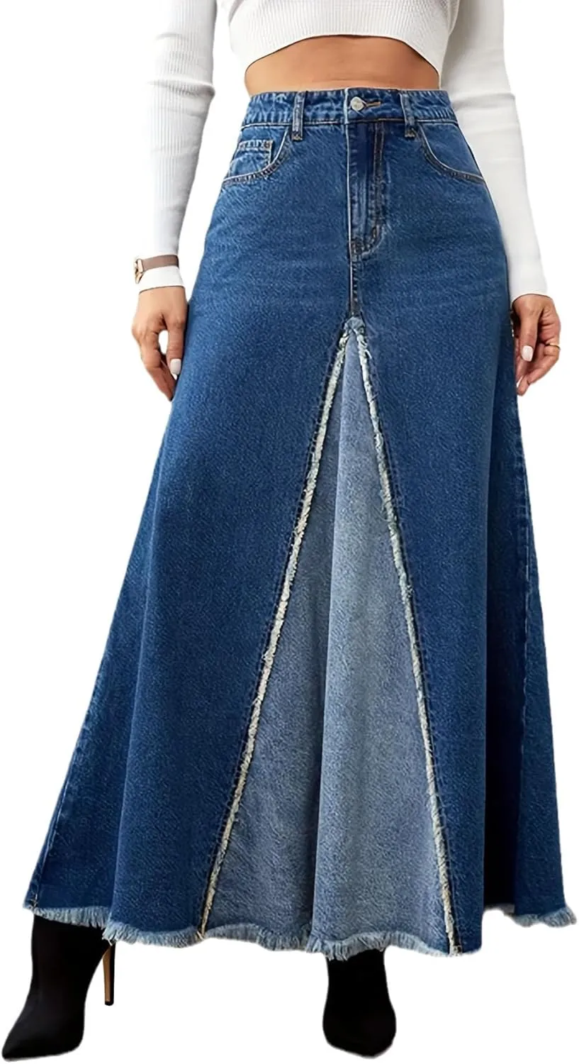 Women's Patchwork Maxi Long Denim Skirt High Waist Raw Edge Distressed A-Line Long Jean Skirts