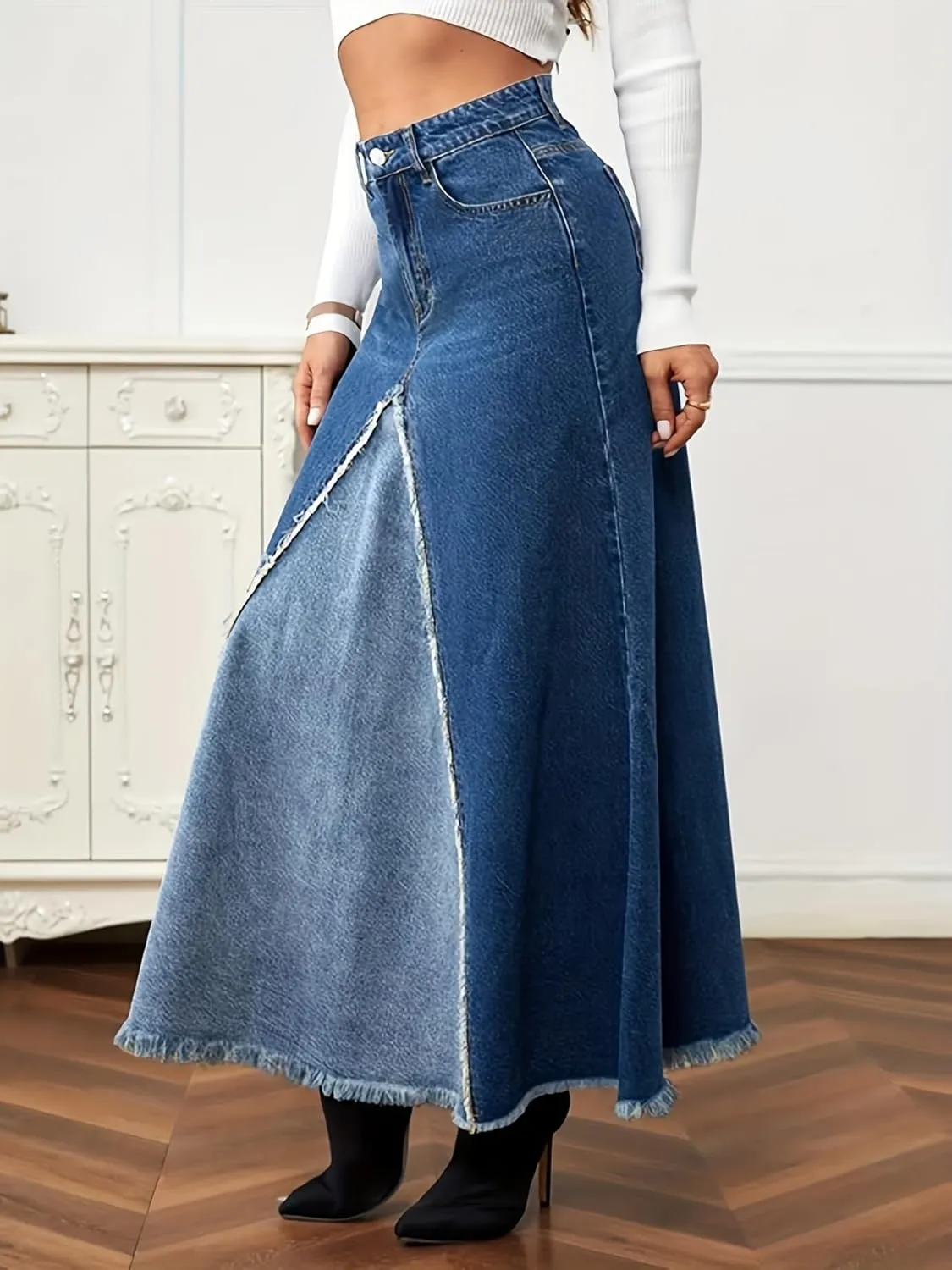 Women's Patchwork Maxi Long Denim Skirt High Waist Raw Edge Distressed A-Line Long Jean Skirts
