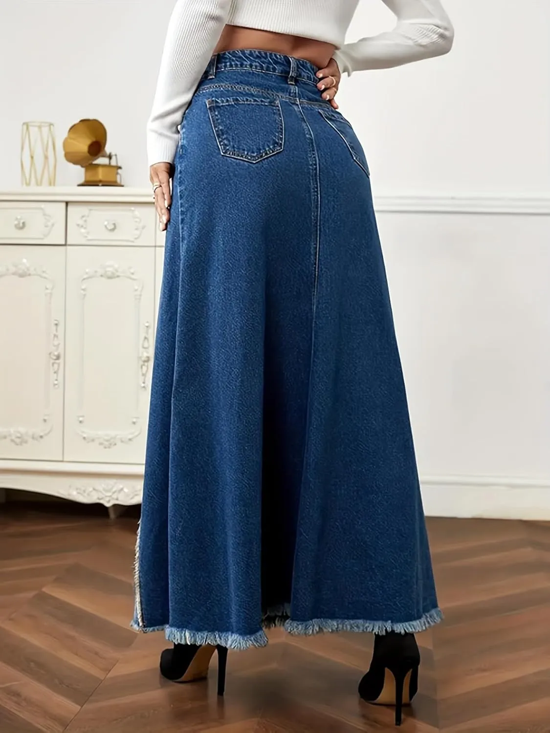 Women's Patchwork Maxi Long Denim Skirt High Waist Raw Edge Distressed A-Line Long Jean Skirts