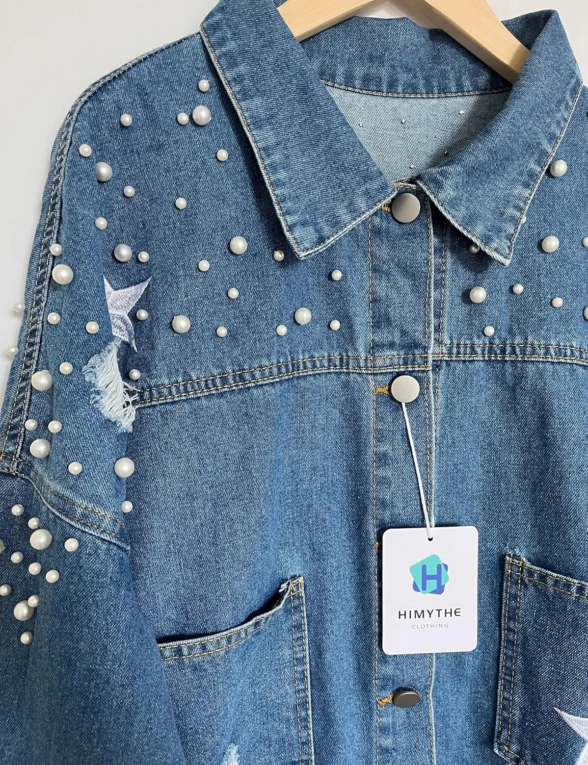 Women's Pearls Beading Denim Jacket Long Sleeve Embellished Stars Jean Coat Bridal Jacket