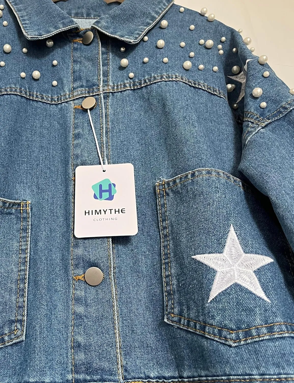 Women's Pearls Beading Denim Jacket Long Sleeve Embellished Stars Jean Coat Bridal Jacket