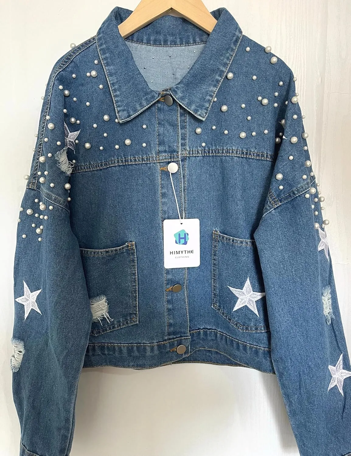 Women's Pearls Beading Denim Jacket Long Sleeve Embellished Stars Jean Coat Bridal Jacket