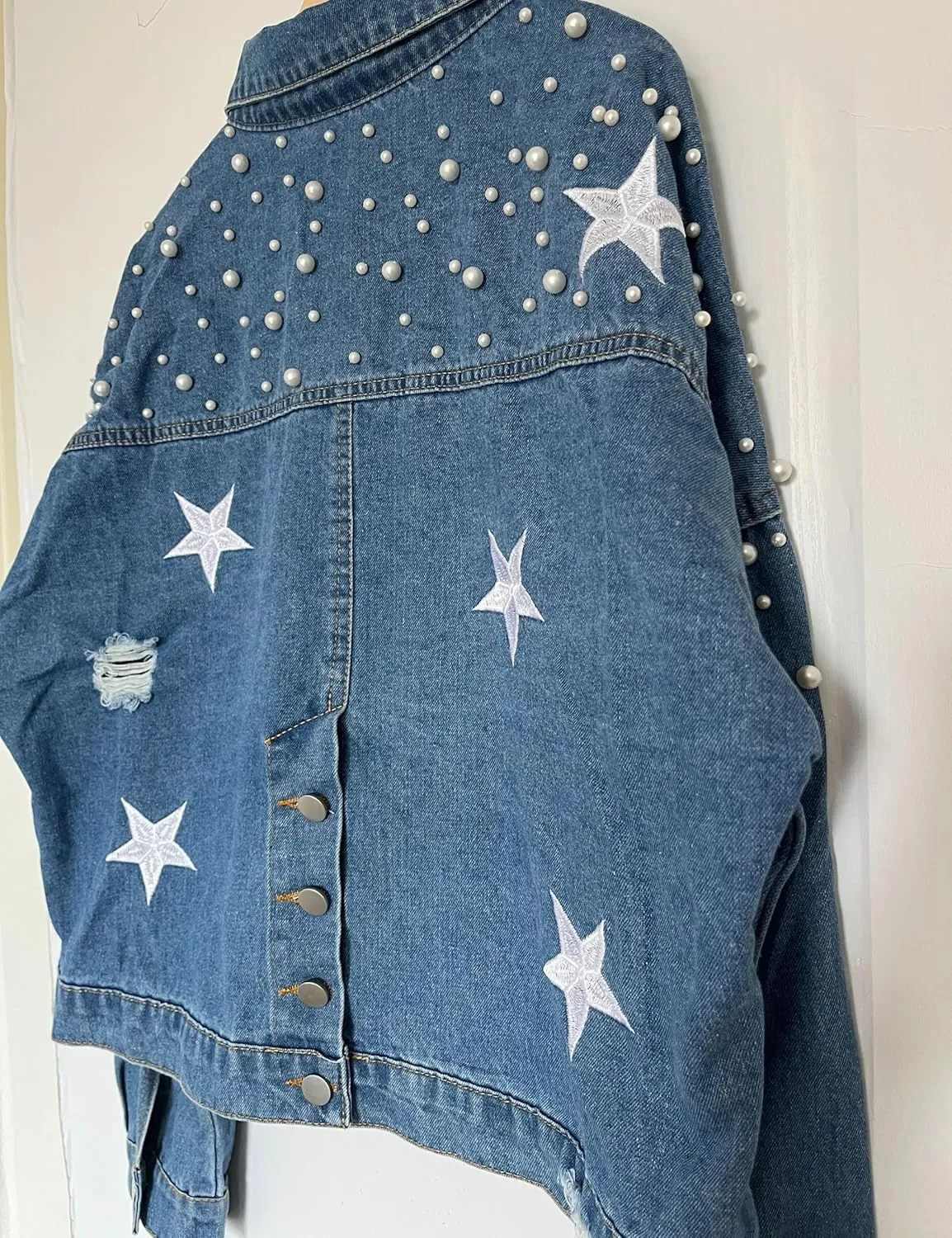 Women's Pearls Beading Denim Jacket Long Sleeve Embellished Stars Jean Coat Bridal Jacket