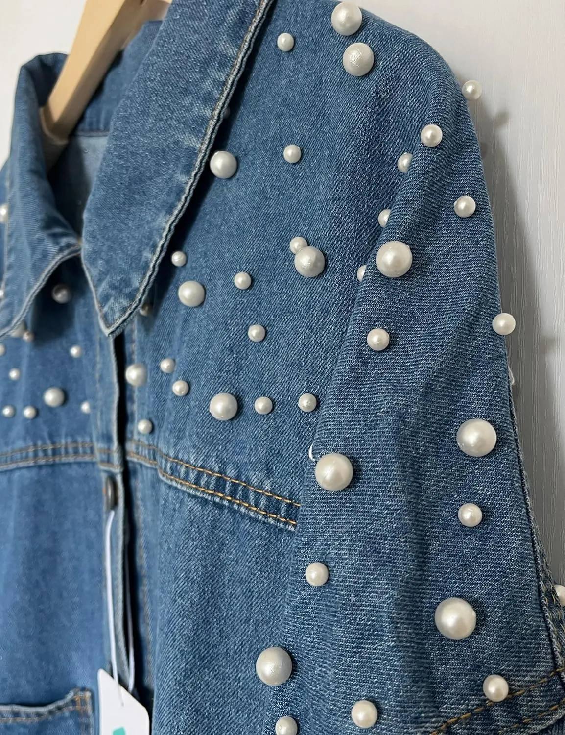 Women's Pearls Beading Denim Jacket Long Sleeve Embellished Stars Jean Coat Bridal Jacket