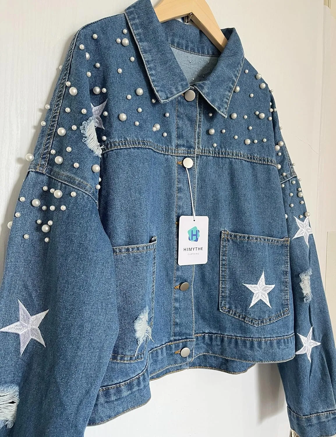 Women's Pearls Beading Denim Jacket Long Sleeve Embellished Stars Jean Coat Bridal Jacket