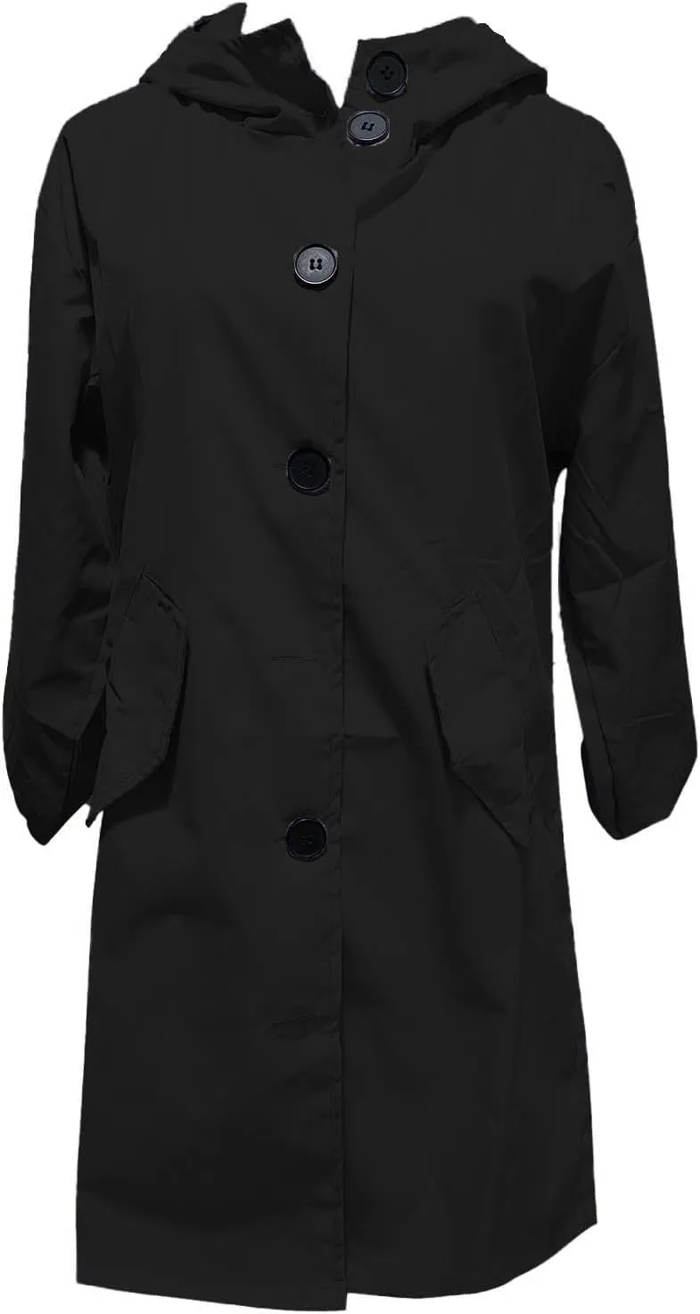 Womens Plus Size Long Hooded Trench Coat Fall Long Sleeve Single-Breasted Open Front Softshell Windbreaker Jackets