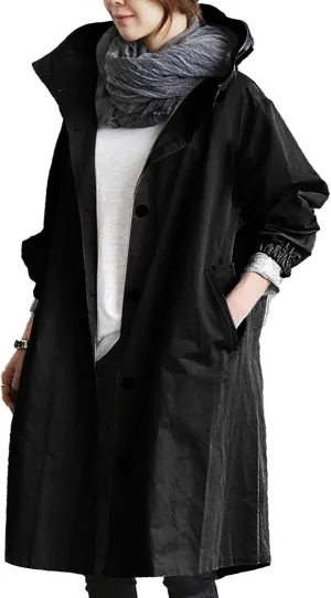 Womens Plus Size Long Hooded Trench Coat Fall Long Sleeve Single-Breasted Open Front Softshell Windbreaker Jackets