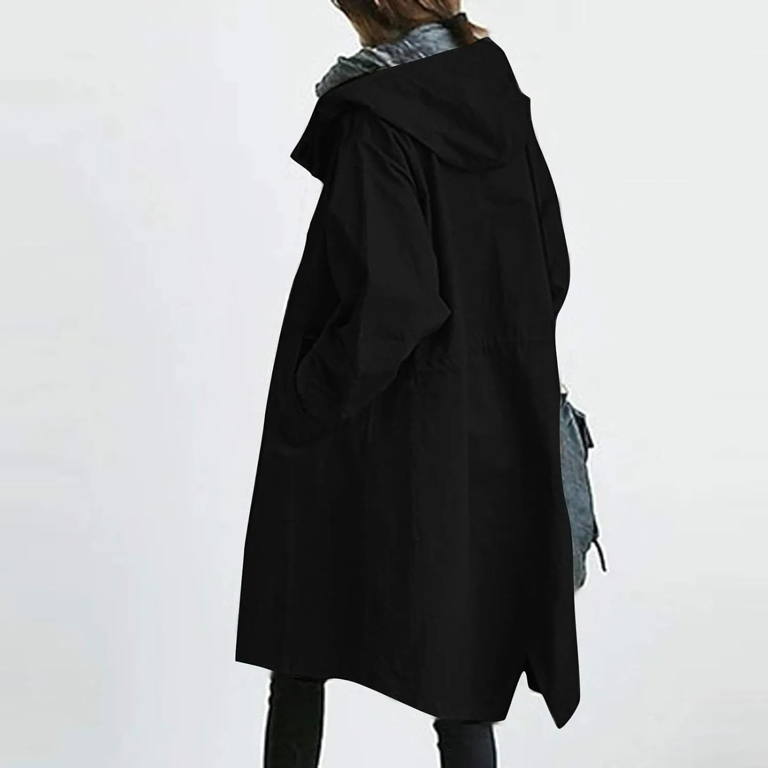Womens Plus Size Long Hooded Trench Coat Fall Long Sleeve Single-Breasted Open Front Softshell Windbreaker Jackets