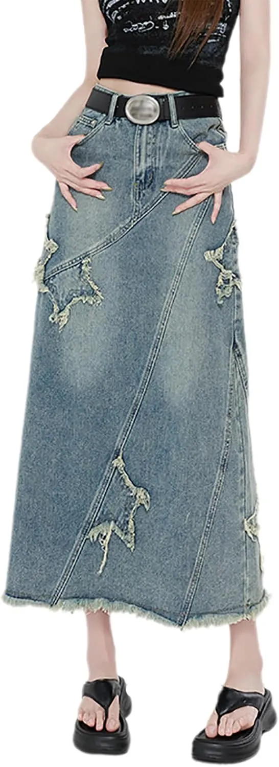 Women's Retro Long Denim Skirt Star Patch Frayed Raw High Waisted Loose Petite Calf Length A-Line Jean Skirts