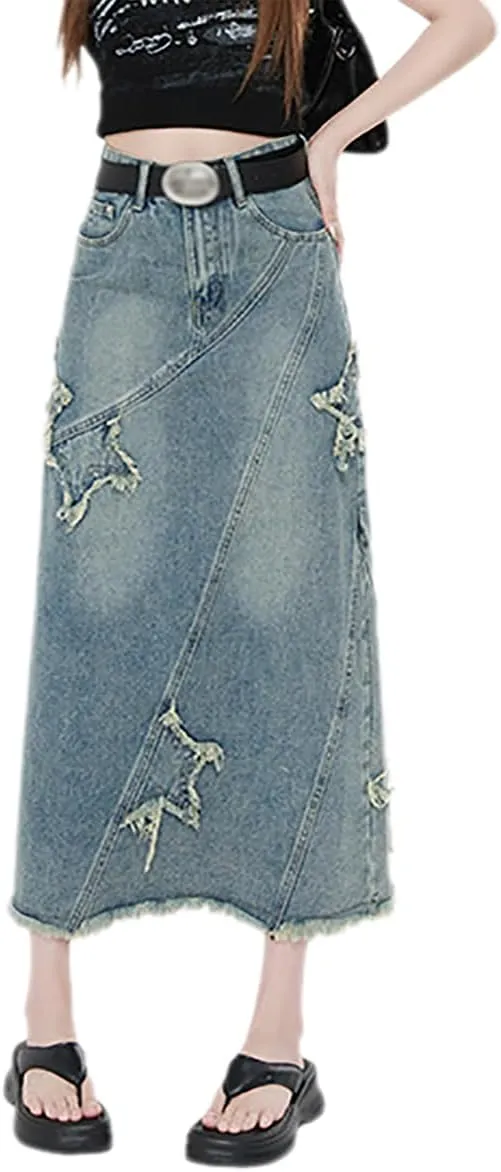 Women's Retro Long Denim Skirt Star Patch Frayed Raw High Waisted Loose Petite Calf Length A-Line Jean Skirts
