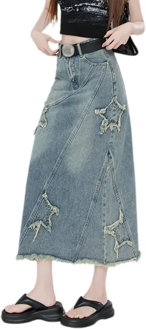 Women's Retro Long Denim Skirt Star Patch Frayed Raw High Waisted Loose Petite Calf Length A-Line Jean Skirts