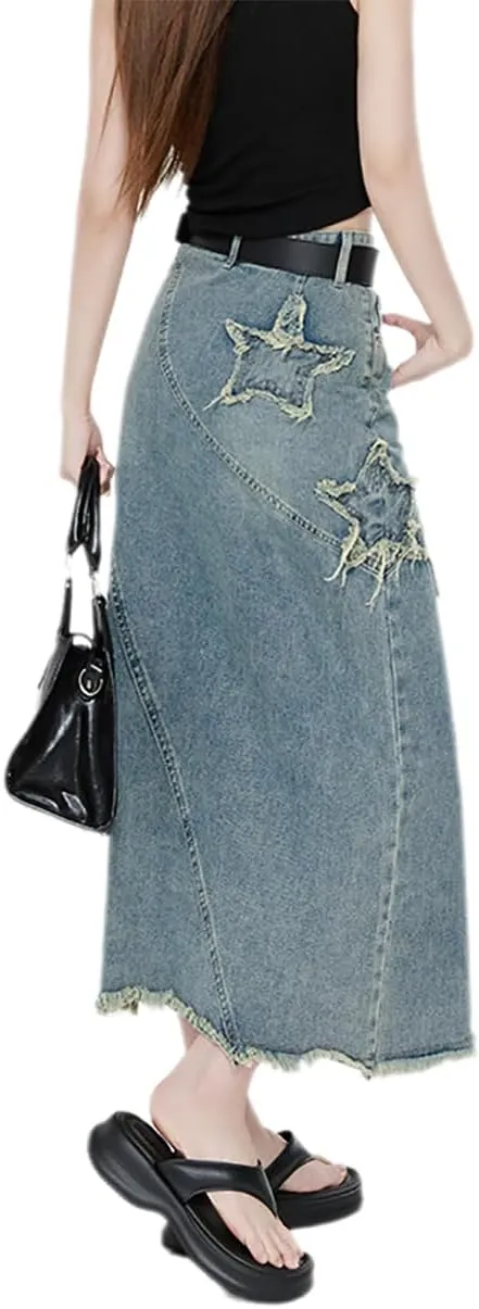 Women's Retro Long Denim Skirt Star Patch Frayed Raw High Waisted Loose Petite Calf Length A-Line Jean Skirts