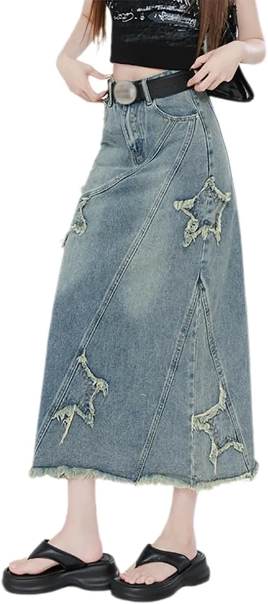 Women's Retro Long Denim Skirt Star Patch Frayed Raw High Waisted Loose Petite Calf Length A-Line Jean Skirts