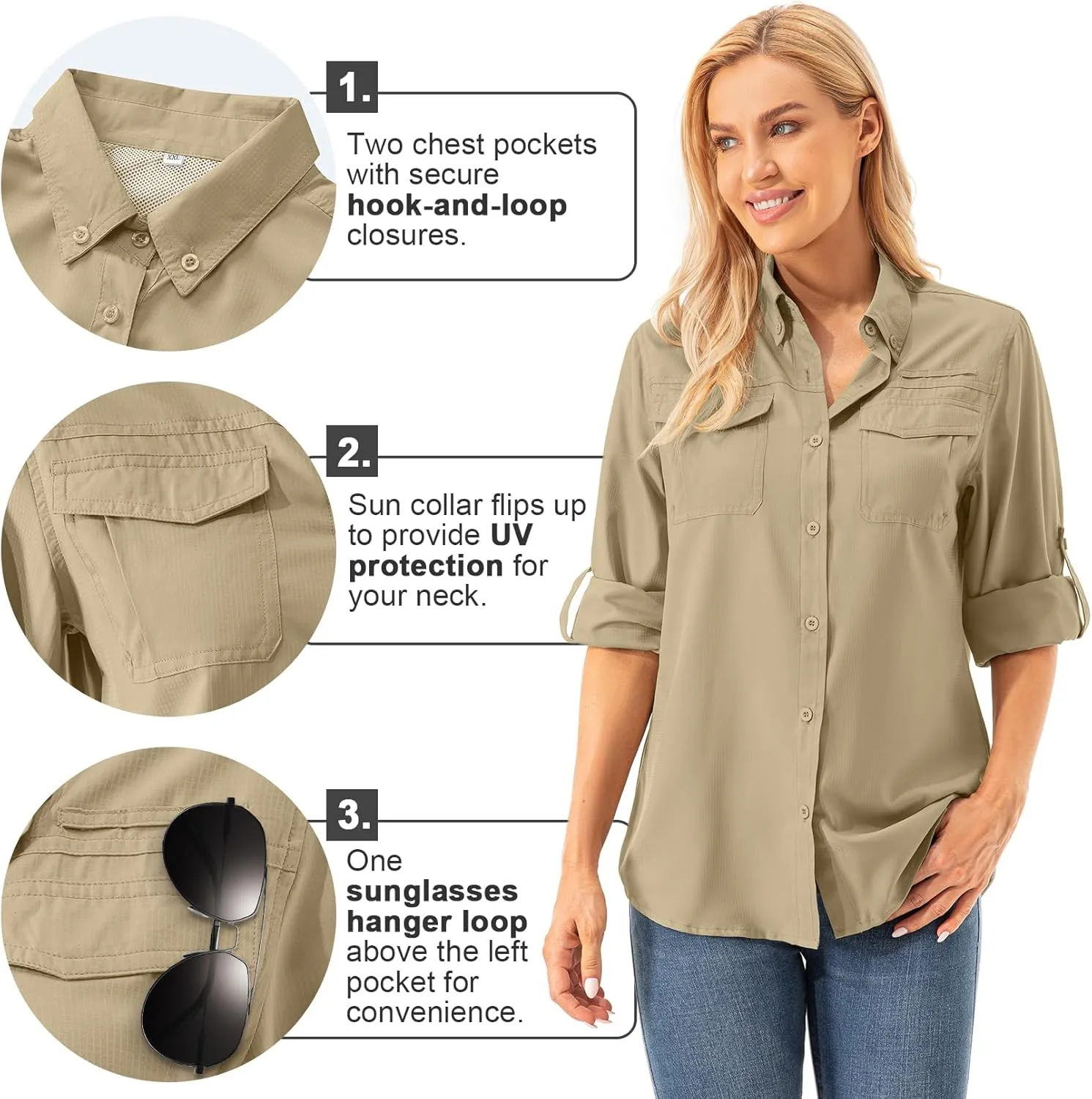 Womens Safari Sun Shirts UPF 50  UV Sun Protection Long Sleeve Outdoor Quick Dry Fishing Hiking Gardening Shirts